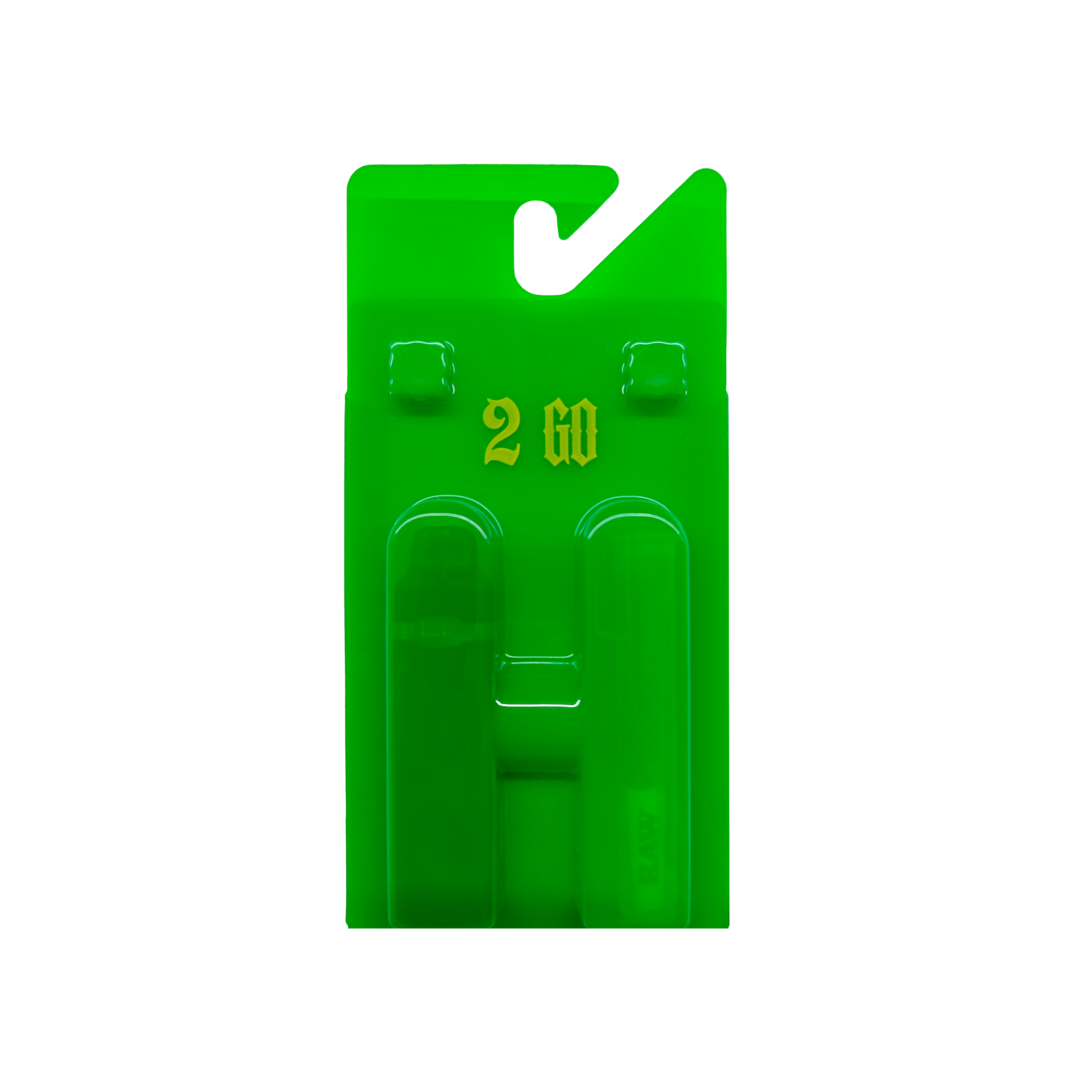 Green plastic bos with 2 go logo printed on it against a white background