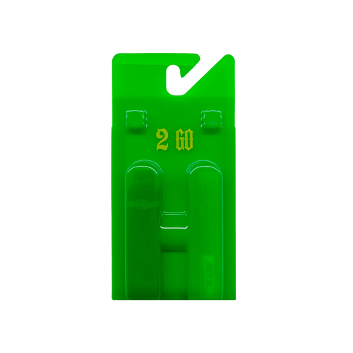 Green plastic bos with 2 go logo printed on it against a white background